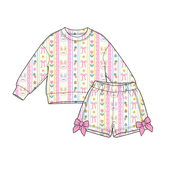 8.28 Preorder Toddler Girls Baby Girls Easter Bunny Tulip Bow  Long Sleeve Top Shorts Outfit