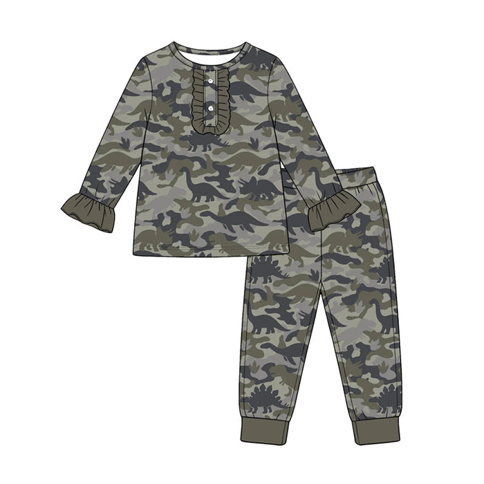 8.28 Preorder Toddler Girls Camo Dinosaue Long Sleeve Pajama Set with Ruffle