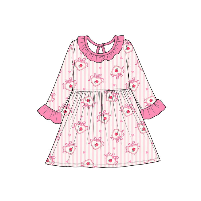 8.28 Preorder Toddler Girls Heart Rose Striped Long Sleeve Ruffle Dress