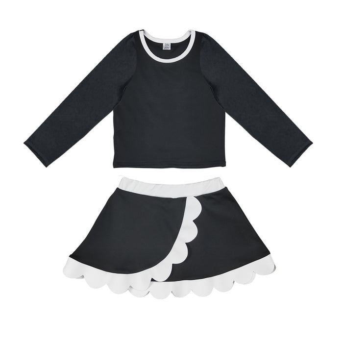 8.29  GLD1790 Preorder  Baby Girls Black Long Sleeve Top Scalloped Skort Active Set