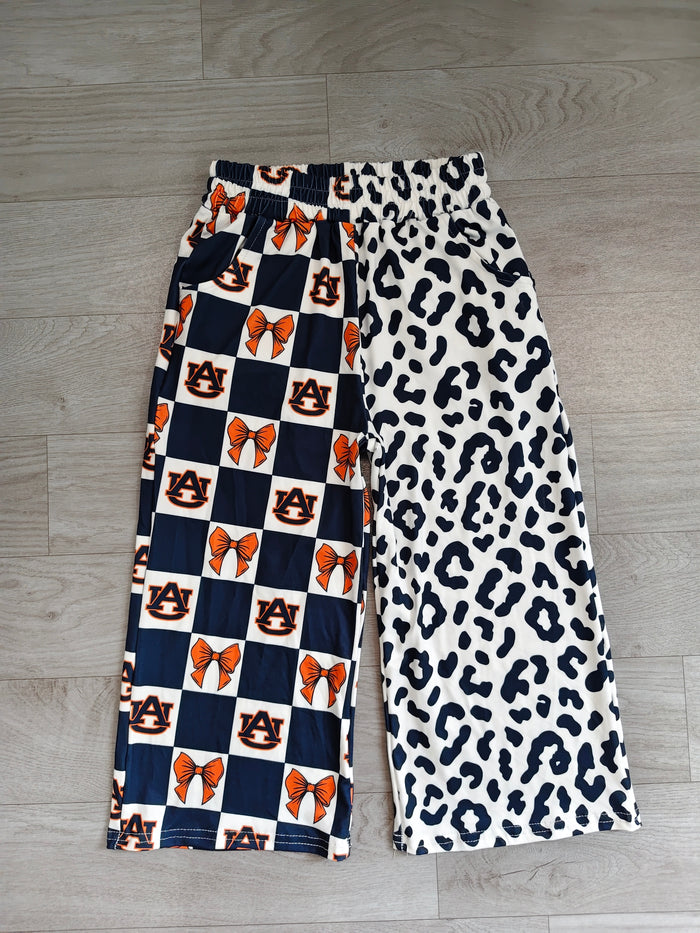 8.3  P1120 Preorder Teams Auburn Bows Checkered Leopard Print Girls Bottom Pockets Straight Pants