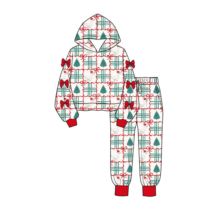8.3 Preorder Kids Girls Christmas Tree Goose Hoodie Top with Jogger Set With Bow