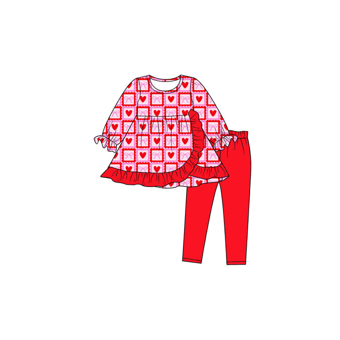 8.3 Preorder Kids Girls Valentine's Day Heart Bow Long Sleeve Tunic Top with Red Leggings Set