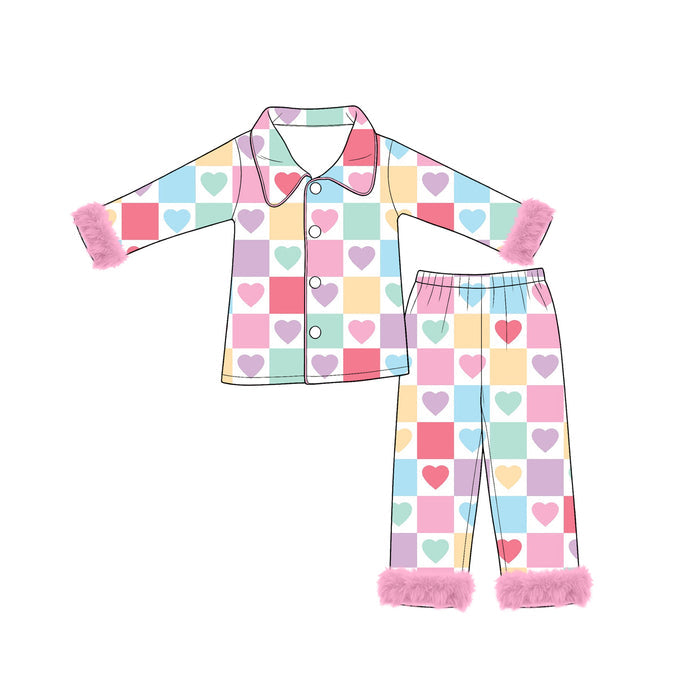 8.4 Preorder Baby Girls Heart Checkered Pajama Set with Fur