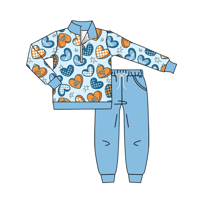 8.6 BLP1536 Preorder Hearts XOXO Pullover Top Blue Pants Boys Valentine's Day Clothes Set