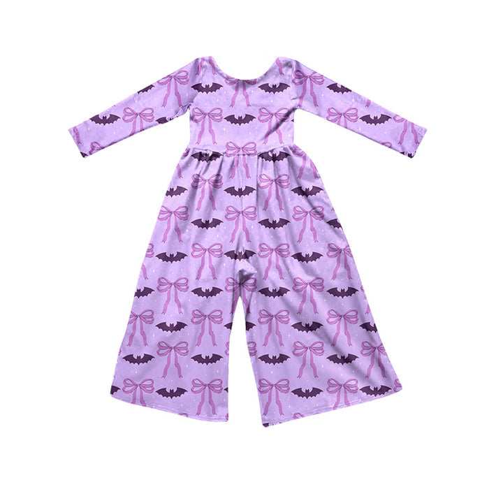 8.6 LR3230 Preorder Bat Bows Purple Print Girls Halloween Straight Jumpsuits