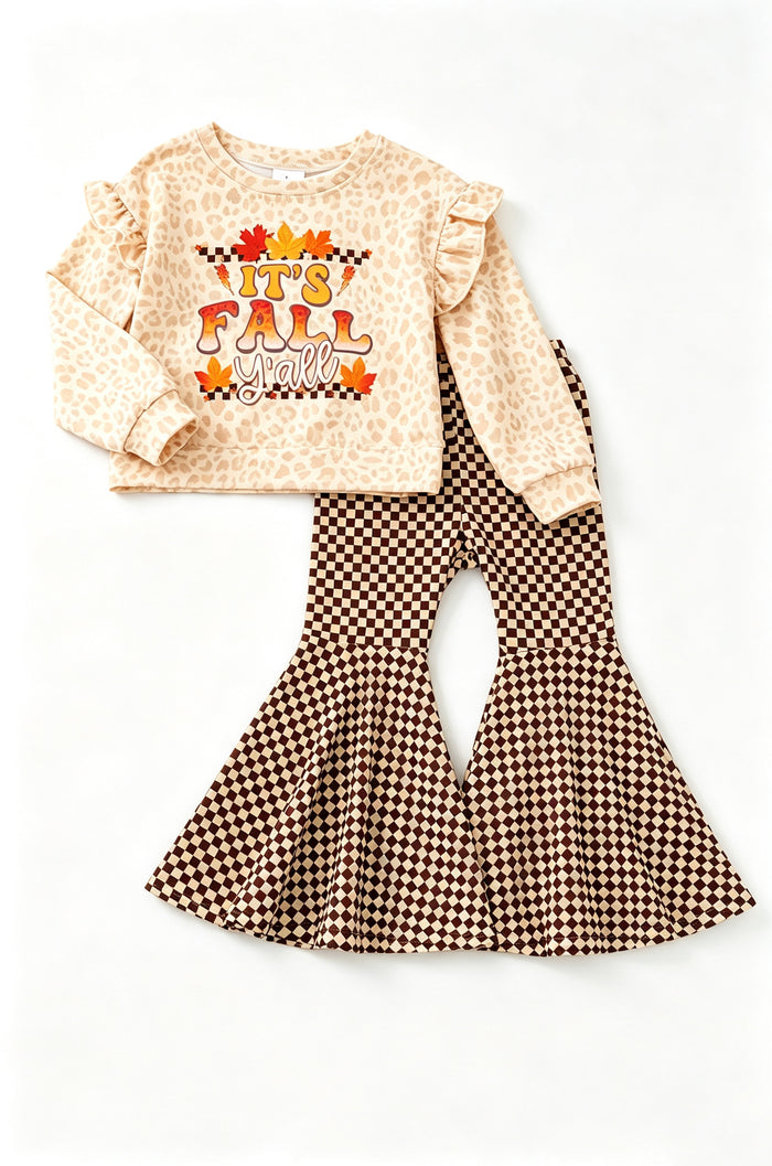 8.8 GLP3652 Preorder It's Fall Y'all Leopard Top Checkered Bell Pants Girls Fall Clothes Set