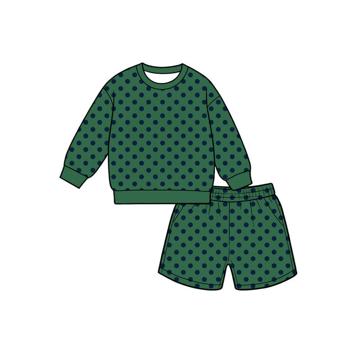 8.8  Preorder Girls Green Black Polka Dot Long Sleeve Top with Shorts Outfit