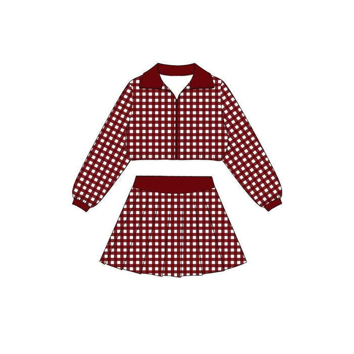 8.8  Preorder Girls Maroon Gingham Pullover Top With Skort Active Outfit