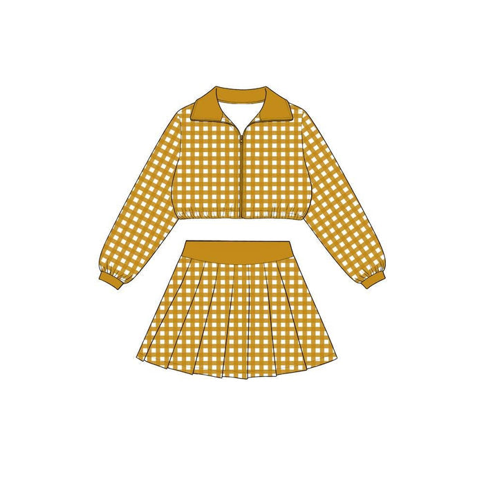8.8  Preorder Girls Mustard Gingham Pullover Top With Skort Active Outfit