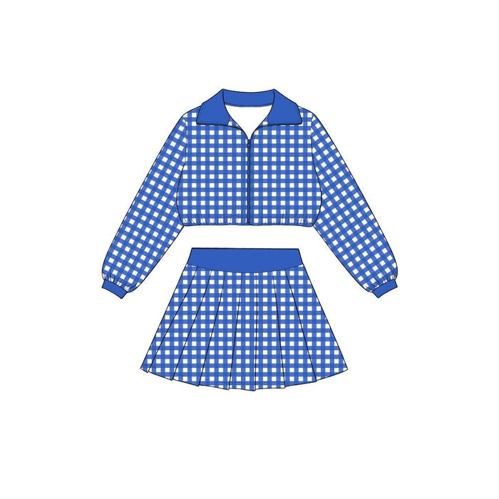 8.8  Preorder Girls RoyaL Blue Gingham Pullover Top With Skort Active Outfit