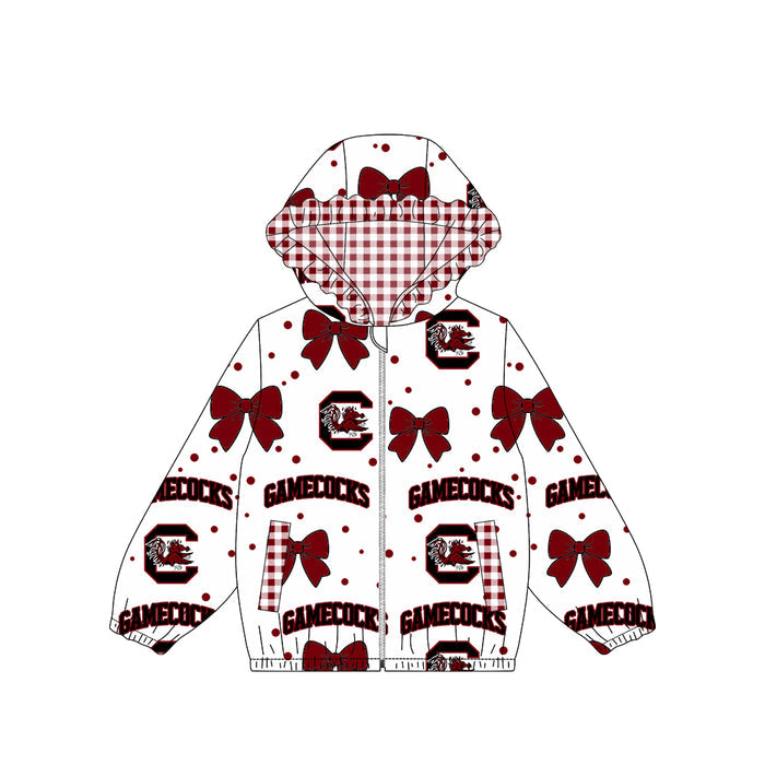 9.5 Preorder Baby Girls Sport Team Gamecocks  Bow Gingham Trim Long Sleeve jacket