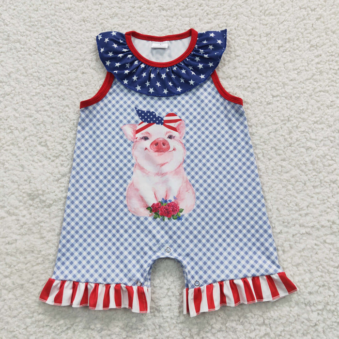 A6-2 Pig Stars Plaid Print Baby Girls 4th of July Sleeveless Romper