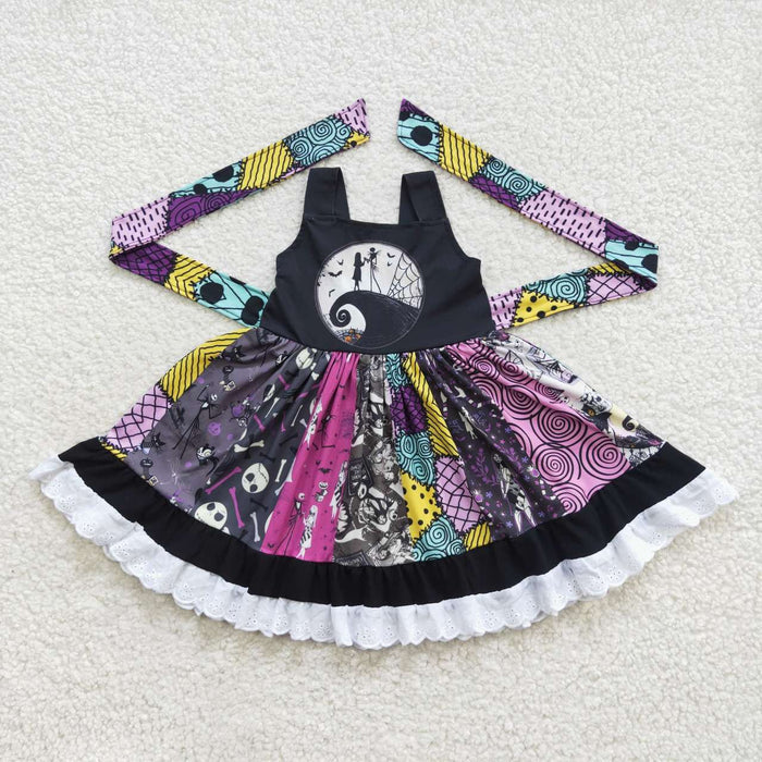 A8-14 Nightmar* Print Girls Halloween Knee Length Twirl Dress