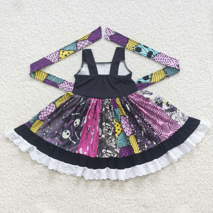 A8-14 Nightmar* Print Girls Halloween Knee Length Twirl Dress