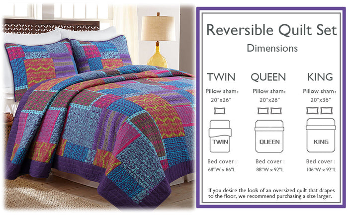 Aldiana Purple 3-Piece Print Patchwork Cotton Reversible Quilt Bedding Set