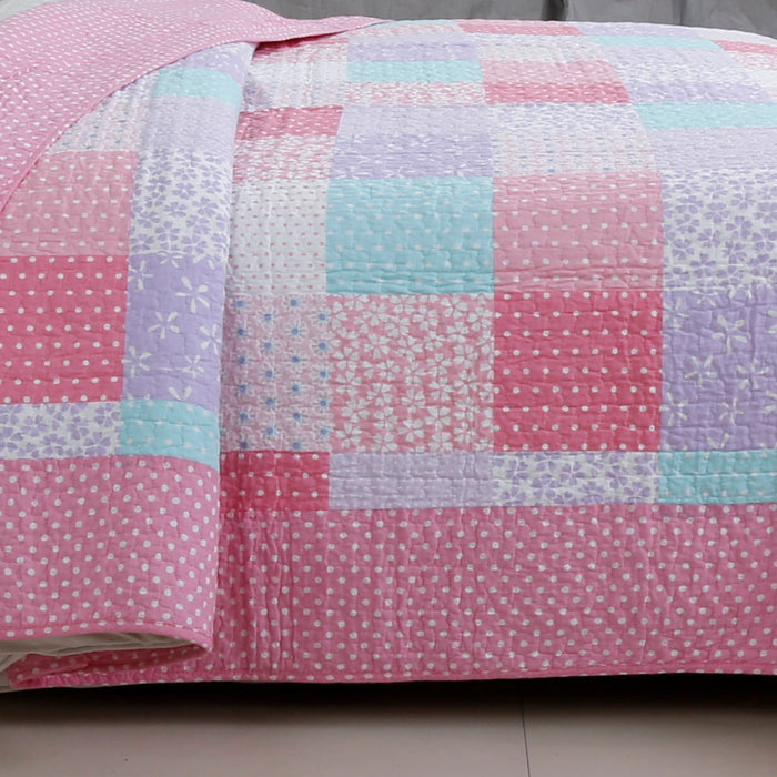 Angelina Pink Floral Dot Print Patchwork Cotton Reversible Quilt Bedding Set