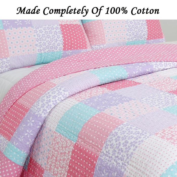 Angelina Pink Floral Dot Print Patchwork Cotton Reversible Quilt Bedding Set