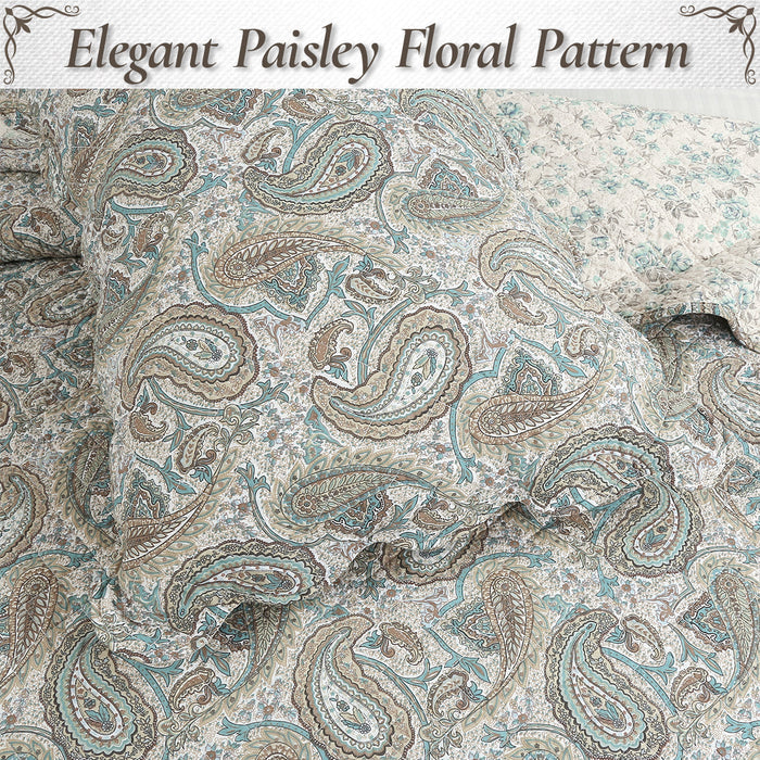 Aquamarine Turquoise Tan Brown Paisley 3 Piece Cotton Quilt Bedding Set