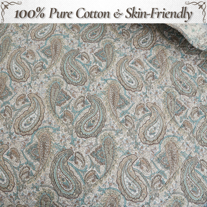 Aquamarine Turquoise Tan Brown Paisley 3 Piece Cotton Quilt Bedding Set
