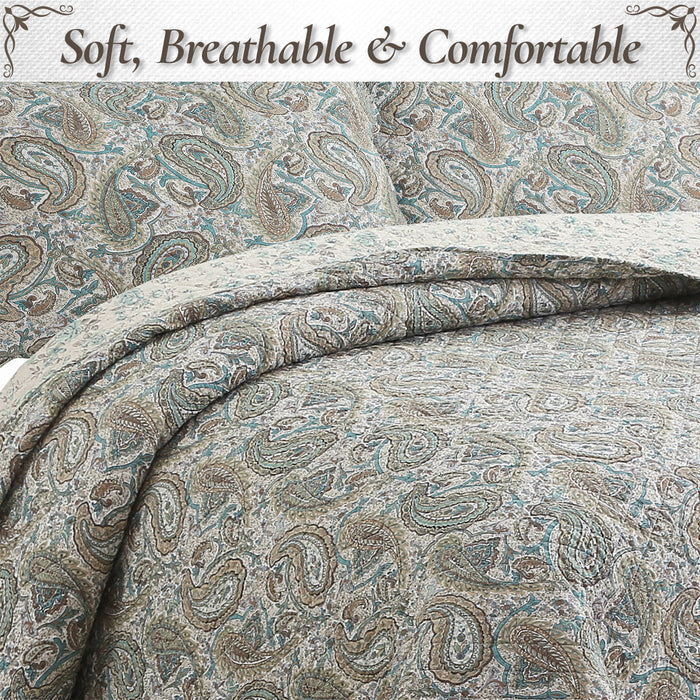 Aquamarine Turquoise Tan Brown Paisley 3 Piece Cotton Quilt Bedding Set
