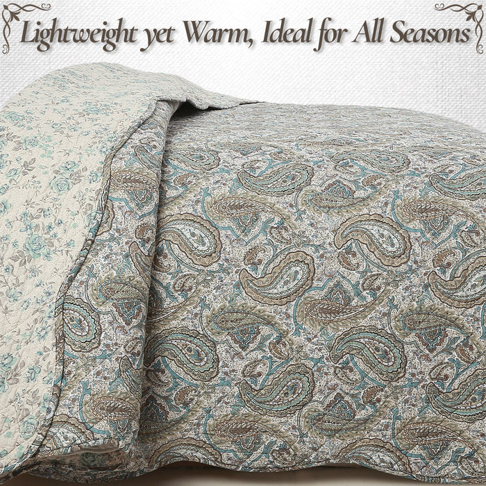 Aquamarine Turquoise Tan Brown Paisley 3 Piece Cotton Quilt Bedding Set