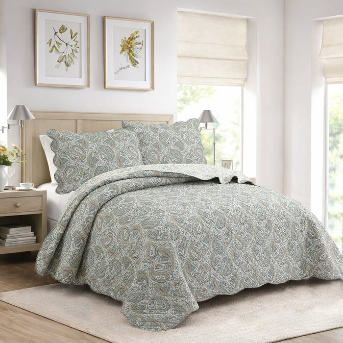 Aquamarine Turquoise Tan Brown Paisley 3 Piece Cotton Quilt Bedding Set