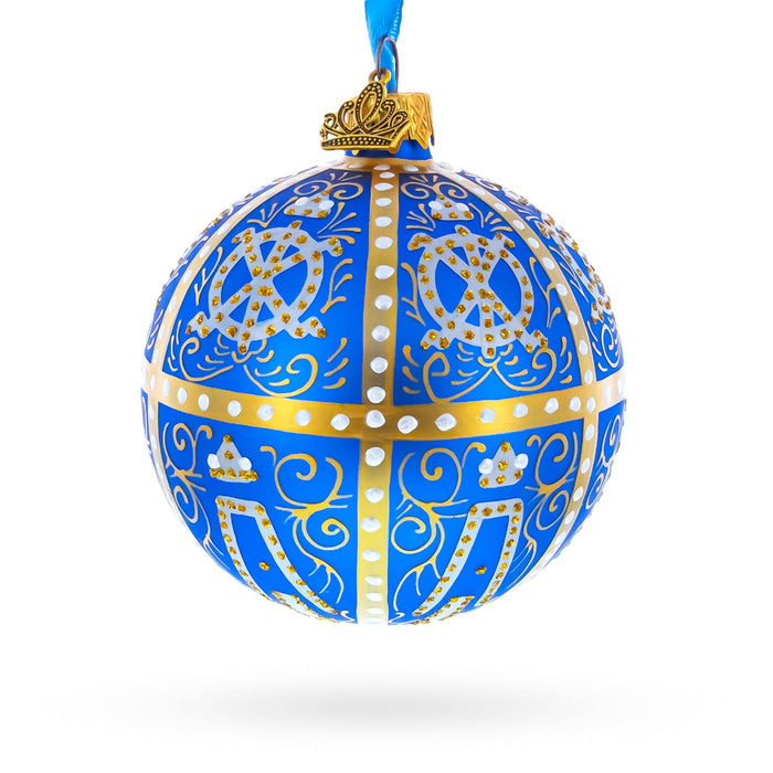 Artisan Blown & Hand-Painted 1896 Twelve Monograms Royal Blue Glass Ball Ornament — 3.25 Inches