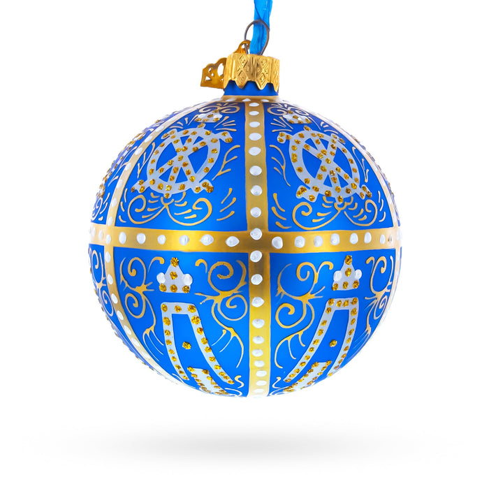 Artisan Blown & Hand-Painted 1896 Twelve Monograms Royal Blue Glass Ball Ornament — 3.25 Inches