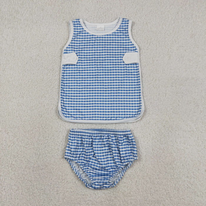 Baby Boy Blue Gingham Summer Sleeveless Bummie Set