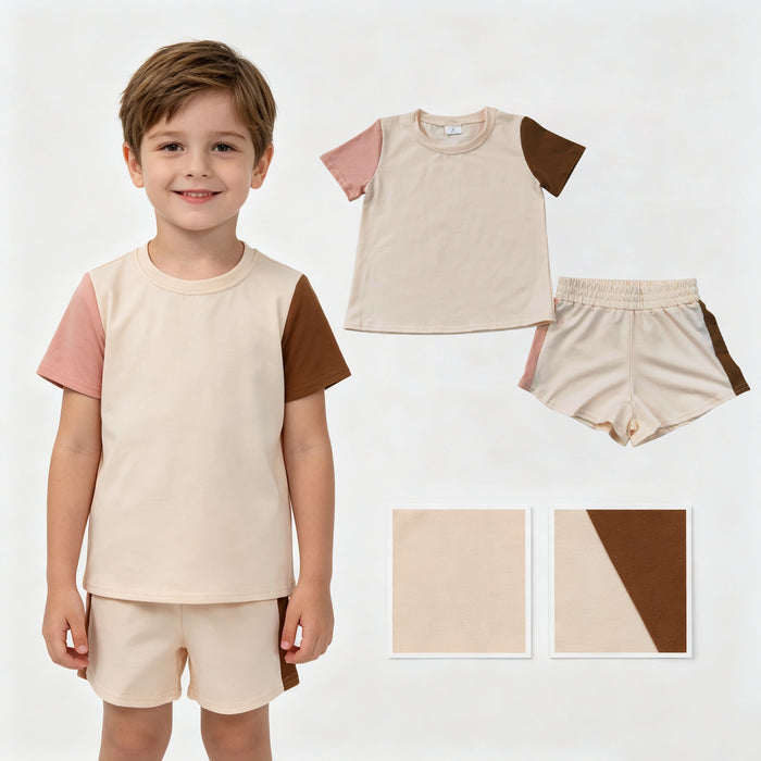 Baby Boys Khaki Patchwork Short Sleeve Shirt Top Short Clothes Set