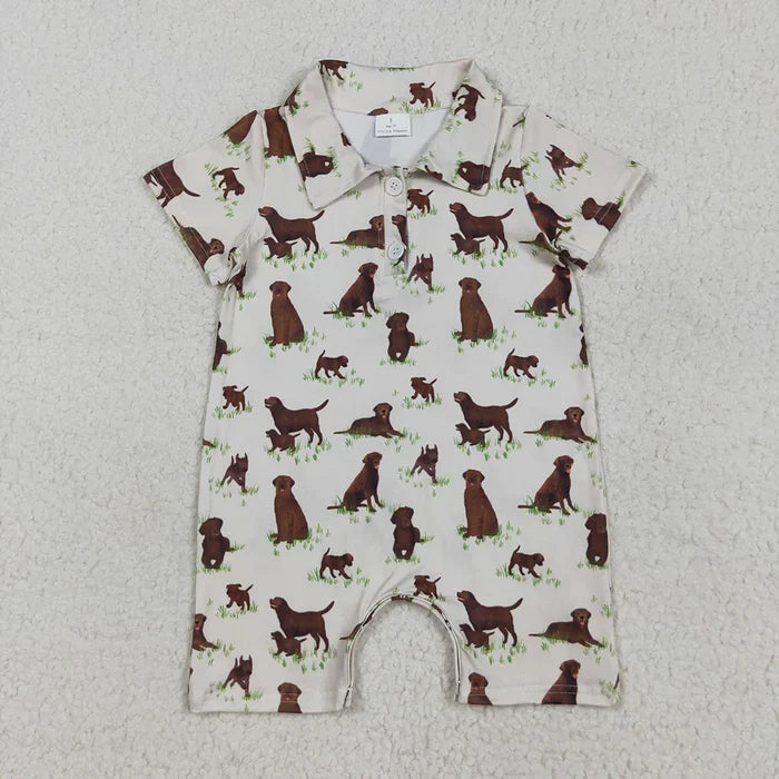Baby Boys Short Sleeves Button Dogs Plaid Shorts Rompers