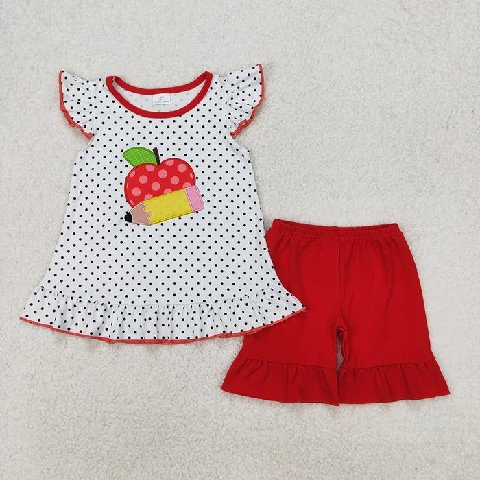 Baby Girls Back To School Apple Pencel Tunic Top Shorts Clothes Sets