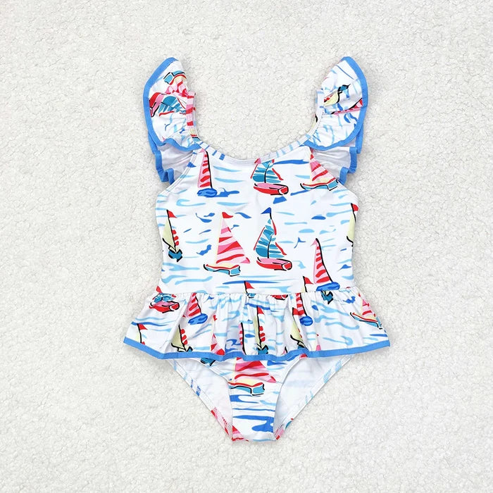 Baby Girls Blue Boats Bow Top Bummie Bows Swimsuits