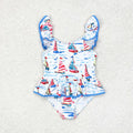 Baby Girls Blue Boats Bow Top Bummie Bows Swimsuits