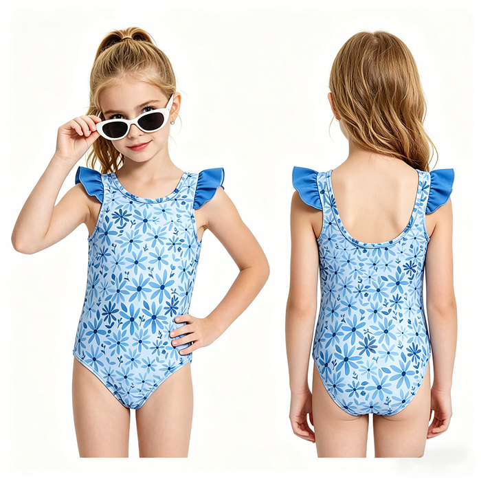 Baby Girls Blue Daisy Flowers Flutter Sleeve One Piece Swimsuit