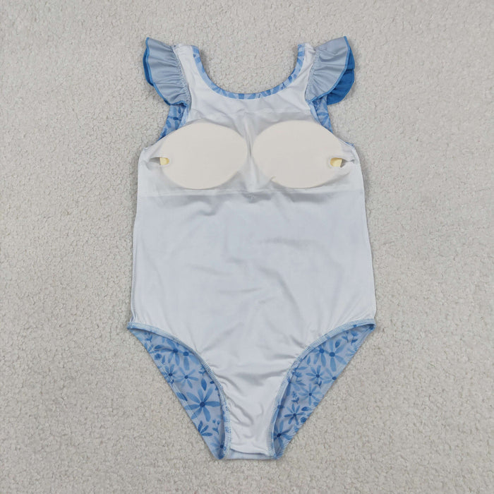 Baby Girls Blue Daisy Flowers Flutter Sleeve One Piece Swimsuit