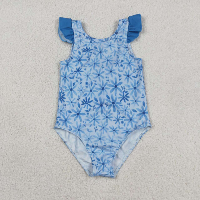 Baby Girls Blue Daisy Flowers Flutter Sleeve One Piece Swimsuit