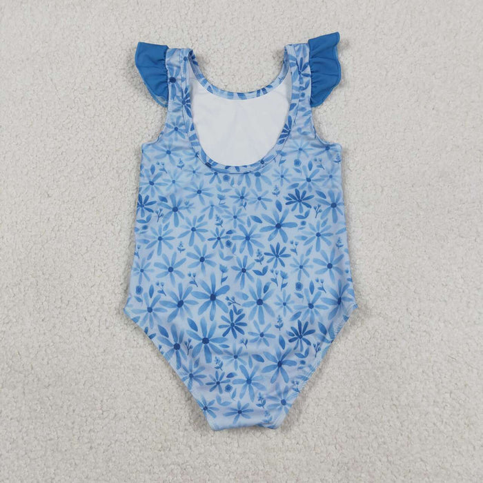 Baby Girls Blue Daisy Flowers Flutter Sleeve One Piece Swimsuit