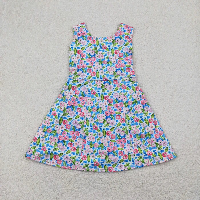 Baby Girls Blue Flowers Sleeveless Athletic Dresses