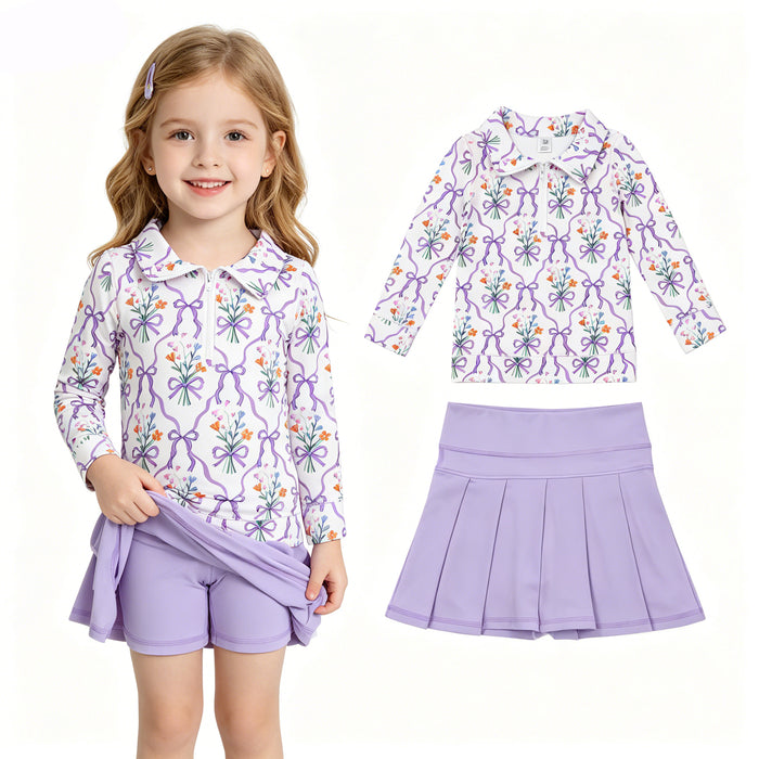 Baby Girls Bow Flowers Zip Pullover Skirt Short Yoga Active Clothes Sets