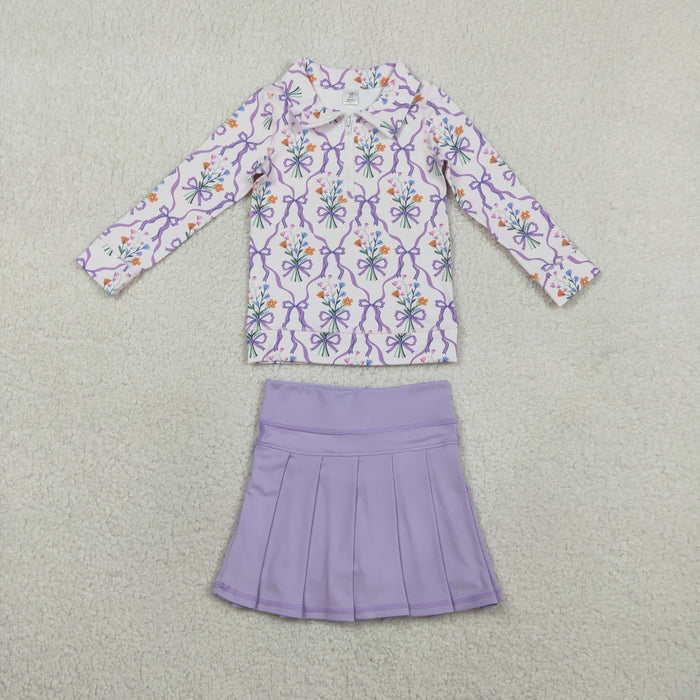Baby Girls Bow Flowers Zip Pullover Skirt Short Yoga Active Clothes Sets