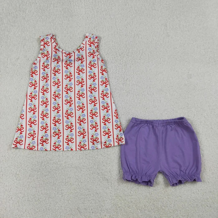 Baby Girls Bows Flowers Stripe Back Bows Tunic Ruffle Shorts Clothes Sets