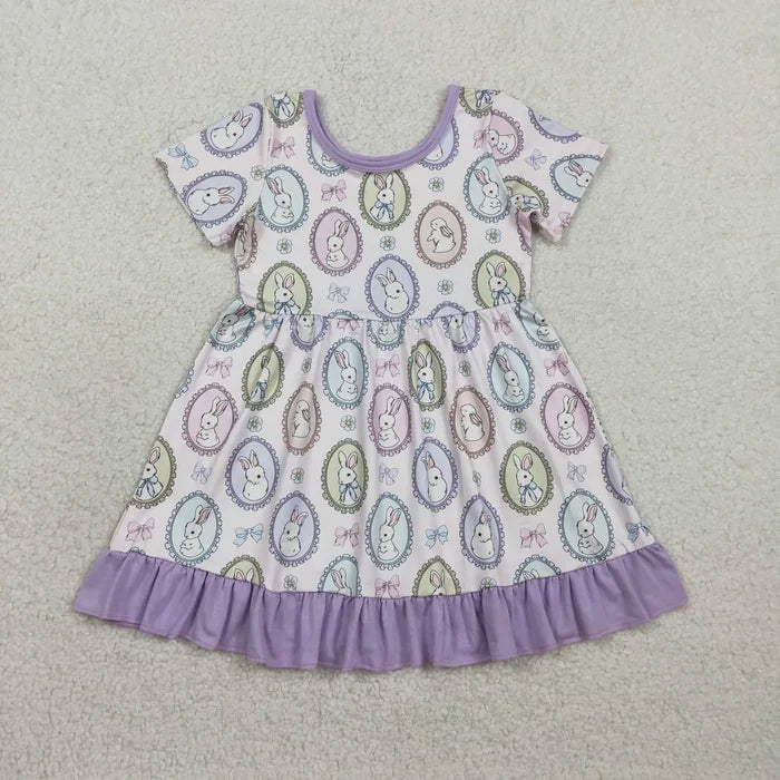 Baby Girls Bows Rabbits Easter Ruffle Knee Length Dresses