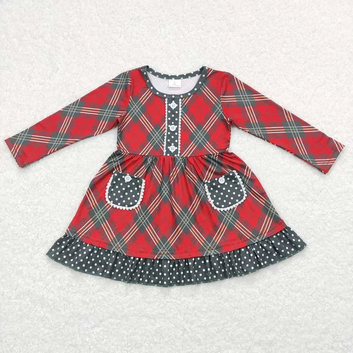 Baby Girls Christmas Red Green Checkered Pockets Knee Length Dresses