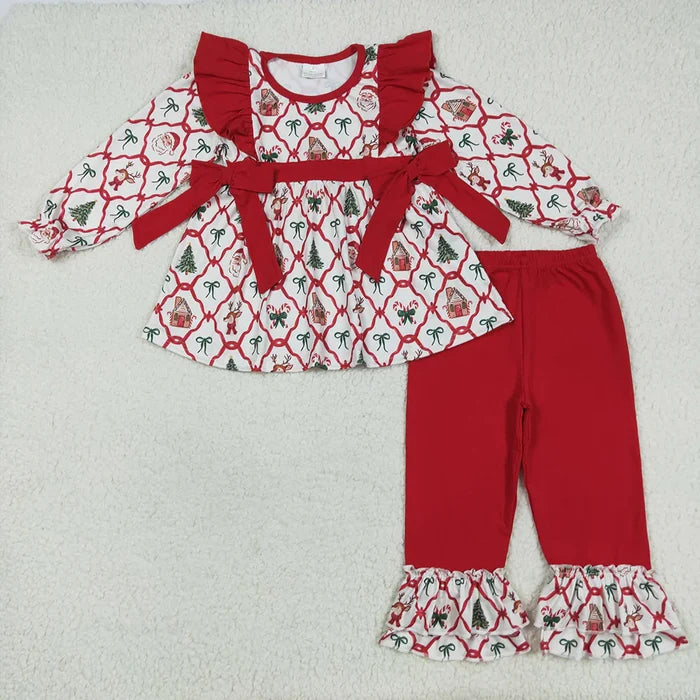 Baby Girls Christmas Trees Bows Tunic Ruffle Pants Clothes Sets