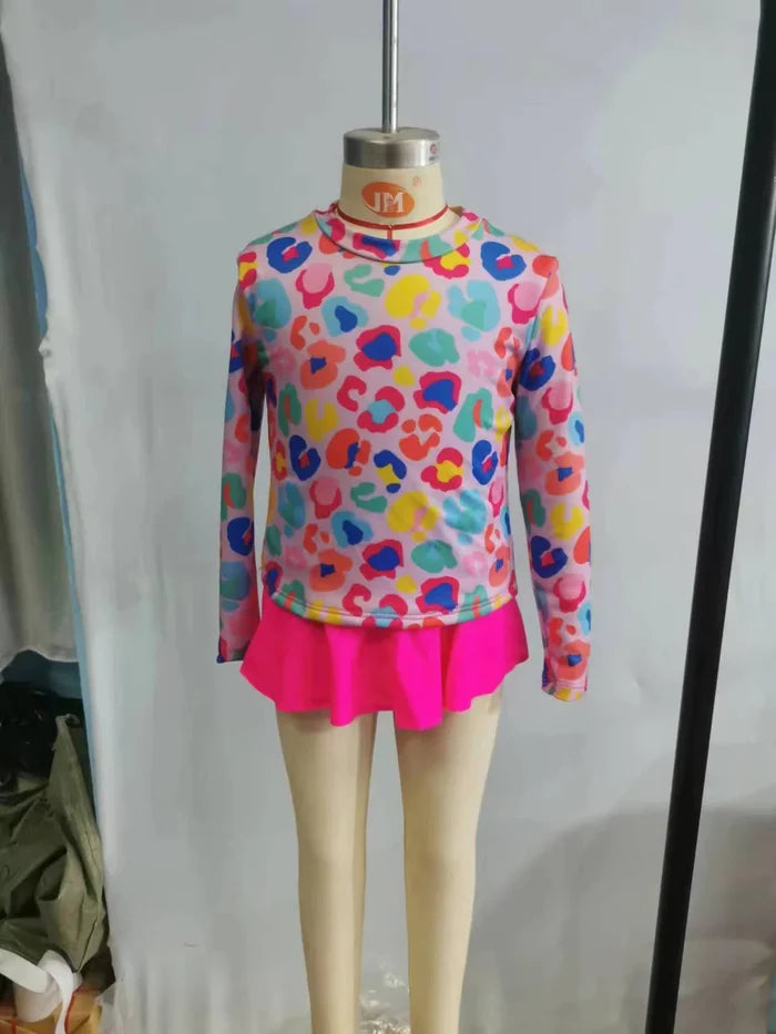 Baby Girls Colorful Leopard Long Sleeve Two Pieces Swimsuits