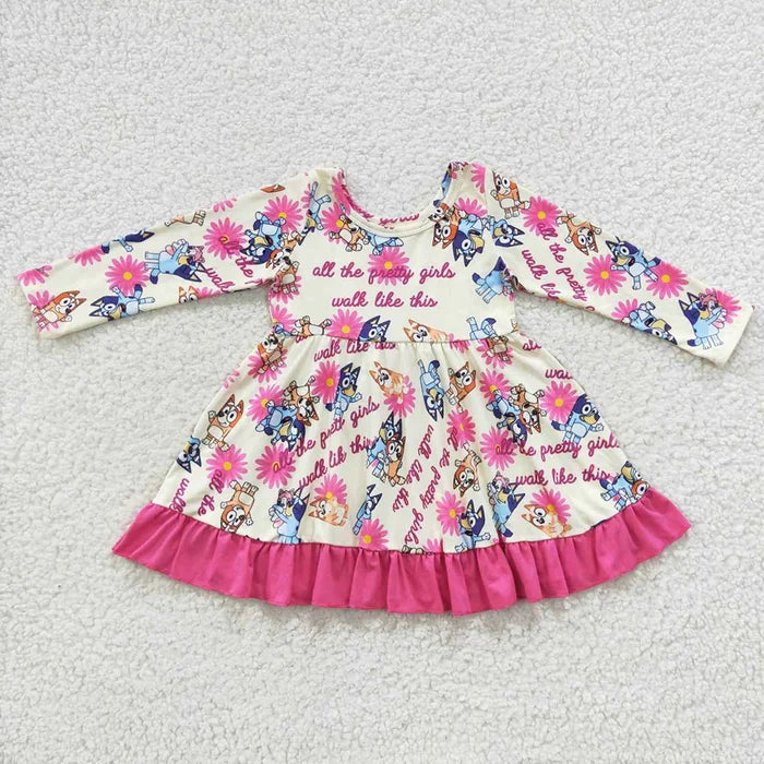 Baby Girls Dogs Flowers Ruffle Knee Length Dresses