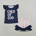 Baby Girls Flutter Sleeve Child of God Top Ruffle Shorts Clothes Sets