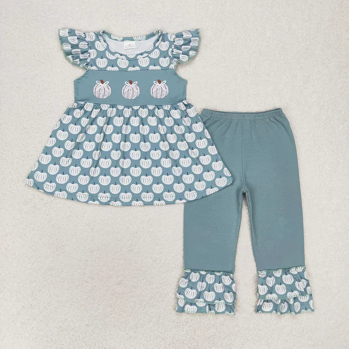 Baby Girls Green Flutter Sleeve Pumpkins Sibling Clothes Sets